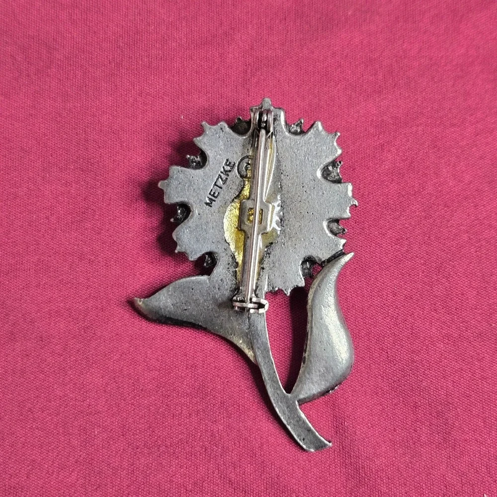 Vintage Metzke Sunflower Brooch Pin Pewter Matte Silver Floral Signed 2.25